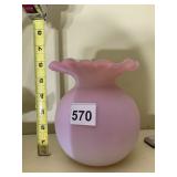 PINK SATIN GLASS VASE, RUFFLED RIM, GLOBE BODY.