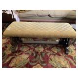UPHOLSTERED BENCH, CHECKERED FABRIC, CARVED WOOD