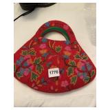 BEADED HANDBAG, RED GROUND W/ MULTICOLOR FLORAL