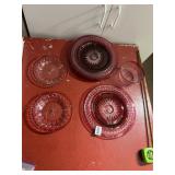 VTG RUBY RED PRESSED GLASS DINNERWARE, STARBURST