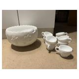 VTG MILK GLASS PUNCH BOWL SET W/ CUPS, GRAPE AND