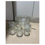 VTG GLASS PUNCH BOWL SET W/ CUPS AND LADLE, STAR