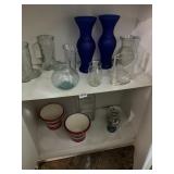 ASSORTED GLASS VASES, BOOT MUGS, HAND-PAINTED