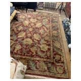 WOOL AREA RUG, FLORAL PATTERN, RED FIELD, FRINGED