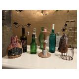 VTG DECORATIVE BOTTLES, CANDLE HOLDERS, WIRE WINE