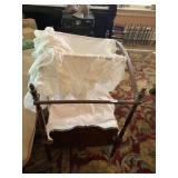 VTG WOODEN DOLL CRADLE W/ CANOPY FRAME, LINENS,