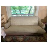 UPHOLSTERED SOFA W/ GOLD PATTERNED BACK, PINK