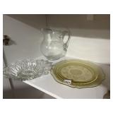 GLASS PITCHER, YELLOW DEPRESSION GLASS PLATE,