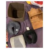 WOOD WALL SHELF, FOLDING STORAGE BIN, TRAVEL NECK