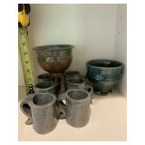 STUDIO POTTERY MUGS (5), BOWLS (2), BLUE-GREEN
