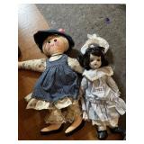 VTG CLOTH DOLL W/ HAT AND PORCELAIN DOLL W/