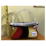 ART GLASS HANDBAG VASE, MULTICOLOR SWIRL PATTERN,