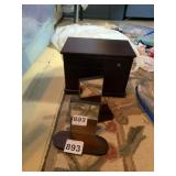 WOODEN LOCKING BOX, (2) SMALL TABLETOP MIRRORS.