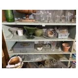 WELLER POTTERY BOX, GLASS OIL LAMPS, GLASS BEER