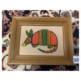 VTG EMBROIDERED ARMADILLO WALL ART, WOOD FRAME.