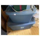 PLASTIC STORAGE TOTES (2), BLUE, W/ LIDS.