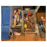 ASSORTED ART SUPPLIES, CRAYONS, MARKERS, CHALK,