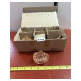 PINK PRESSED GLASS RABBIT COVERED DISHES (5),