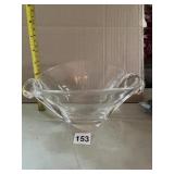 CLEAR GLASS BOWL W/ SCULPTURAL HANDLES.