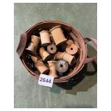 LONGABERGER BASKET W/ ASSORTED VTG WOODEN THREAD