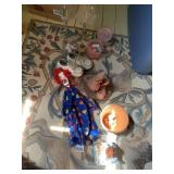 ASSORTED DECORATIVE ITEMS, CLOWN DOLL, FIGURINE,