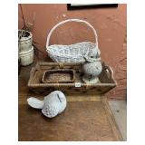 VTG WICKER BASKET, WOVEN TRAY, CONCRETE BIRD