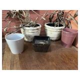 VTG CRACKLE GLAZE POTTERY PLANTERS (2), METAL
