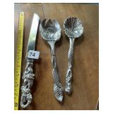 PEWTER SALAD SERVERS, FLORAL DESIGN, BREAD KNIFE