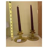 AMBER GLASS CANDLESTICKS, ETCHED FLORAL DESIGN,