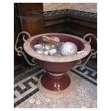 TERRACOTTA BOWL W/ IRON HANDLES, BURGUNDY GLAZE,