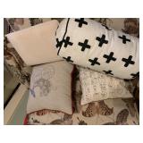DECORATIVE THROW PILLOWS (3), ASSORTED PATTERNS.
