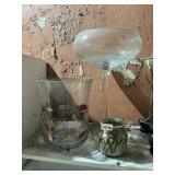 LARGE CLEAR GLASS PEDESTAL BOWL, STAINED GLASS