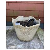 GLAZED CERAMIC PLANTER, SCALLOPED RIM, EMBOSSED