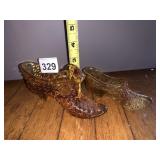 AMBER GLASS SHOE FIGURINES, HOBNAIL AND STARBURST