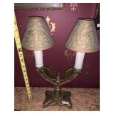 VTG BRASS TONE DUAL CANDLE LAMP W/ FABRIC SHADES.