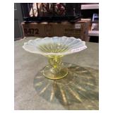 VTG OPALESCENT GLASS COMPOTE, YELLOW TINT, BEADED