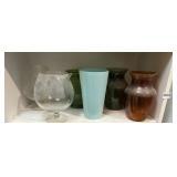 ASSORTED DECORATIVE GLASS VASES, PITCHERS, AND
