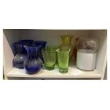 ASSORTED DECORATIVE GLASS VASES, TUMBLERS, AND