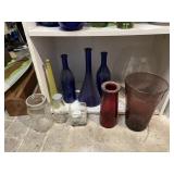 ASSORTED GLASS BOTTLES, VASES, MASON JAR, AND