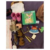 ASSORTED TOYS, PLUSH ANIMALS, PUZZLE, CLOTHING,