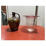 VTG CERAMIC JUG W/ CHERRY MOTIF, ART GLASS VASE