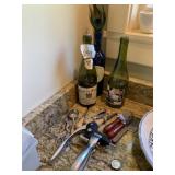 WINE BOTTLES (3) EMPTY, CORKSCREW, CHEESE KNIVES