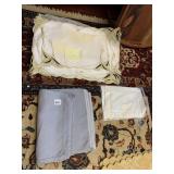 ASSORTED LINENS, INCLUDES GREY TABLECLOTH,