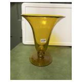 VTG AMBER GLASS VASE, FLARED RIM, PEDESTAL BASE.