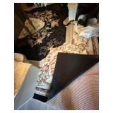 FLORAL PATTERN AREA RUG, BLACK GROUND W/ PINK AND