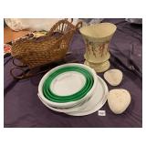 WICKER SLED DECOR, CERAMIC SEASHELL VASE,
