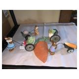 WOODEN RABBIT FIGURINES PULLING CARTS,