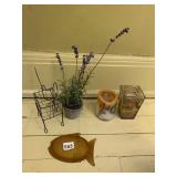 WIRE CAT FIGURINE BASKET, FAUX LAVENDER PLANT IN