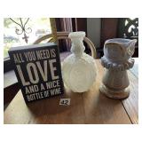 VTG MILK GLASS CAMEO VASE, CERAMIC OWL PITCHER W/