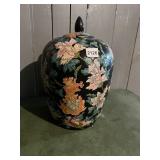 VTG CHINESE PORCELAIN GINGER JAR, BLACK GROUND W/